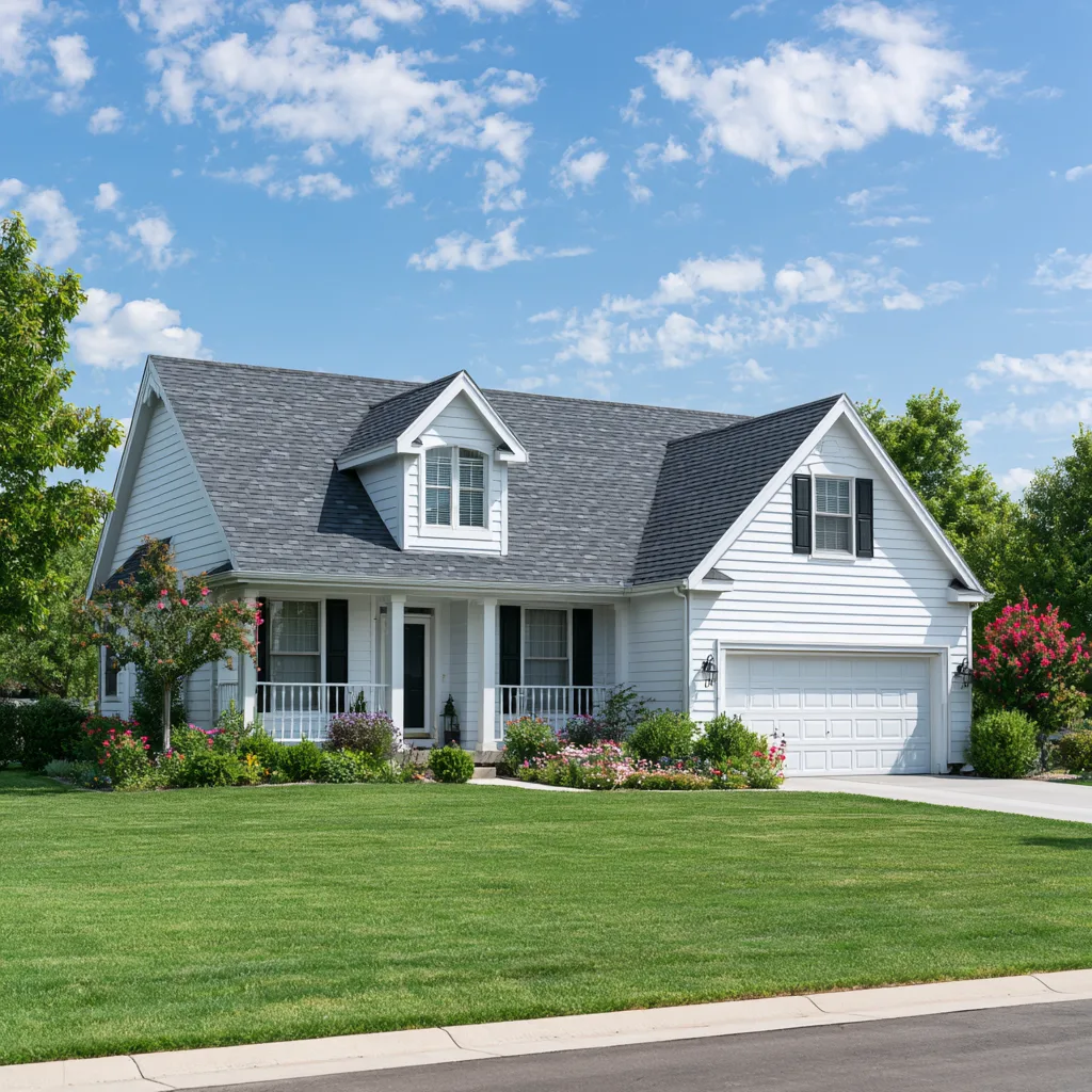 White house with black shutters and a gray architectural shingle roof