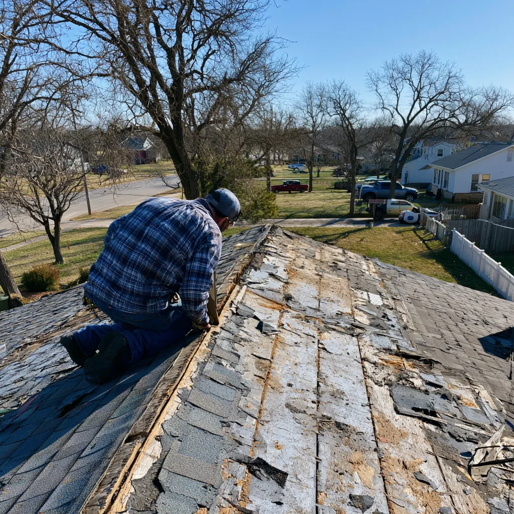 A roofer inspecting damaged shingles and exposed wood decking