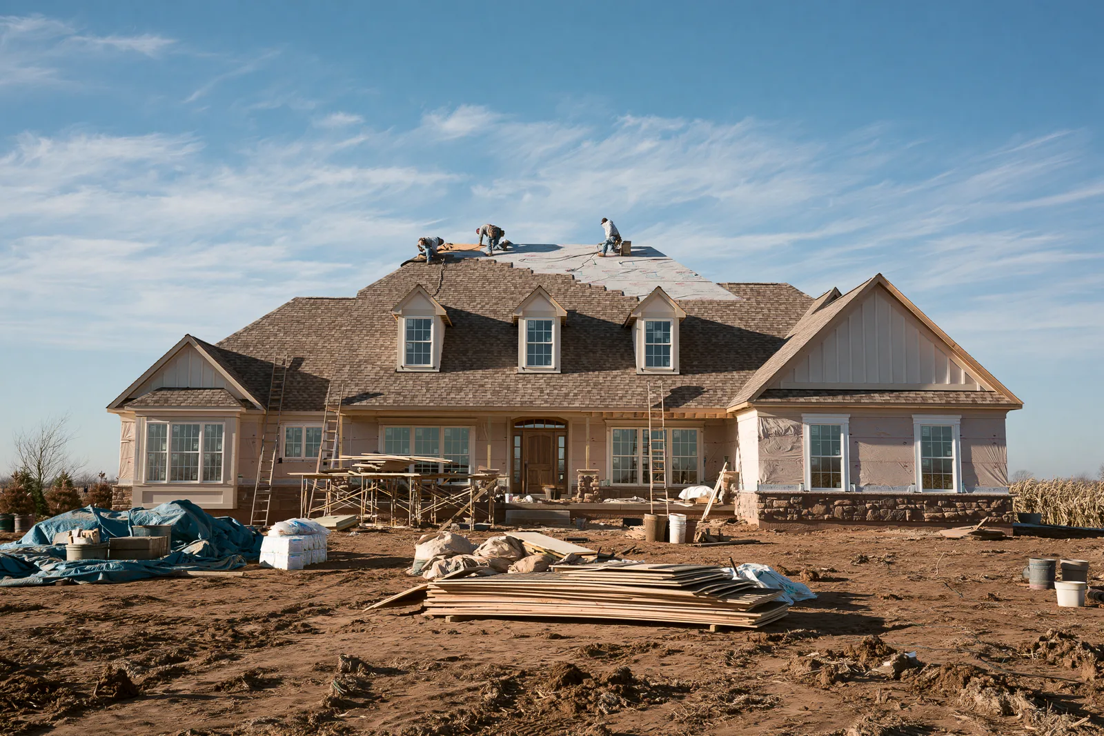 Roofers installing underlayment on the roof of a house under construction