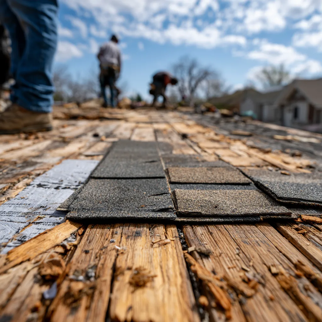 Old plank roof decking exposed during tear-off with roofers beyond