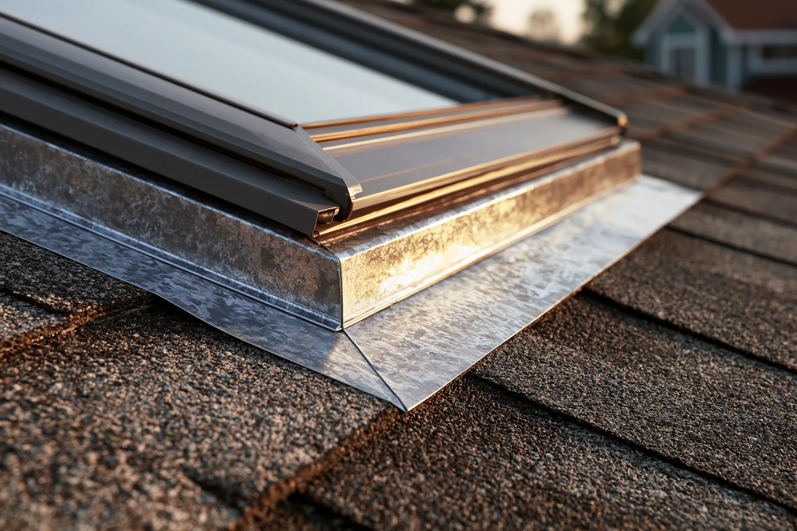 Close-up of galvanized metal flashing at the corner of a roof skylight